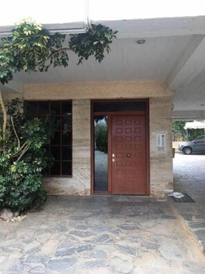 Enter through the stone door into a welcoming space.