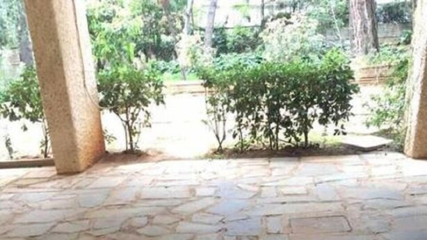 Pátio com piso de pedra, colunas e vegetação ao fundo.