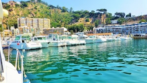 Un port de plaisance avec plusieurs bateaux amarrés, une colline parsemée de bâtiments et un ciel dégagé.