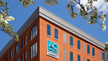 A modern brick building with a clear blue sky and white flowering branches in the foreground.