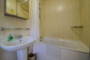 Combined shower/bathtub, hair dryer