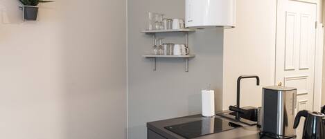 Cocina moderna con placa de inducción integrada, hervidor y cafetera. Hay repisas con cristalería y una planta en maceta en la pared.