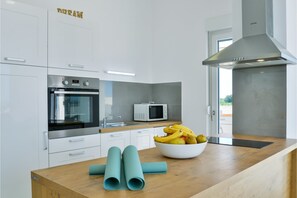 Großer Kühlschrank, Herdplatte, Kochgeschirr/Geschirr/Besteck