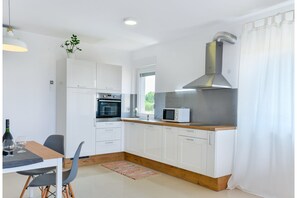 Großer Kühlschrank, Mikrowelle, Herdplatte, Geschirrspüler