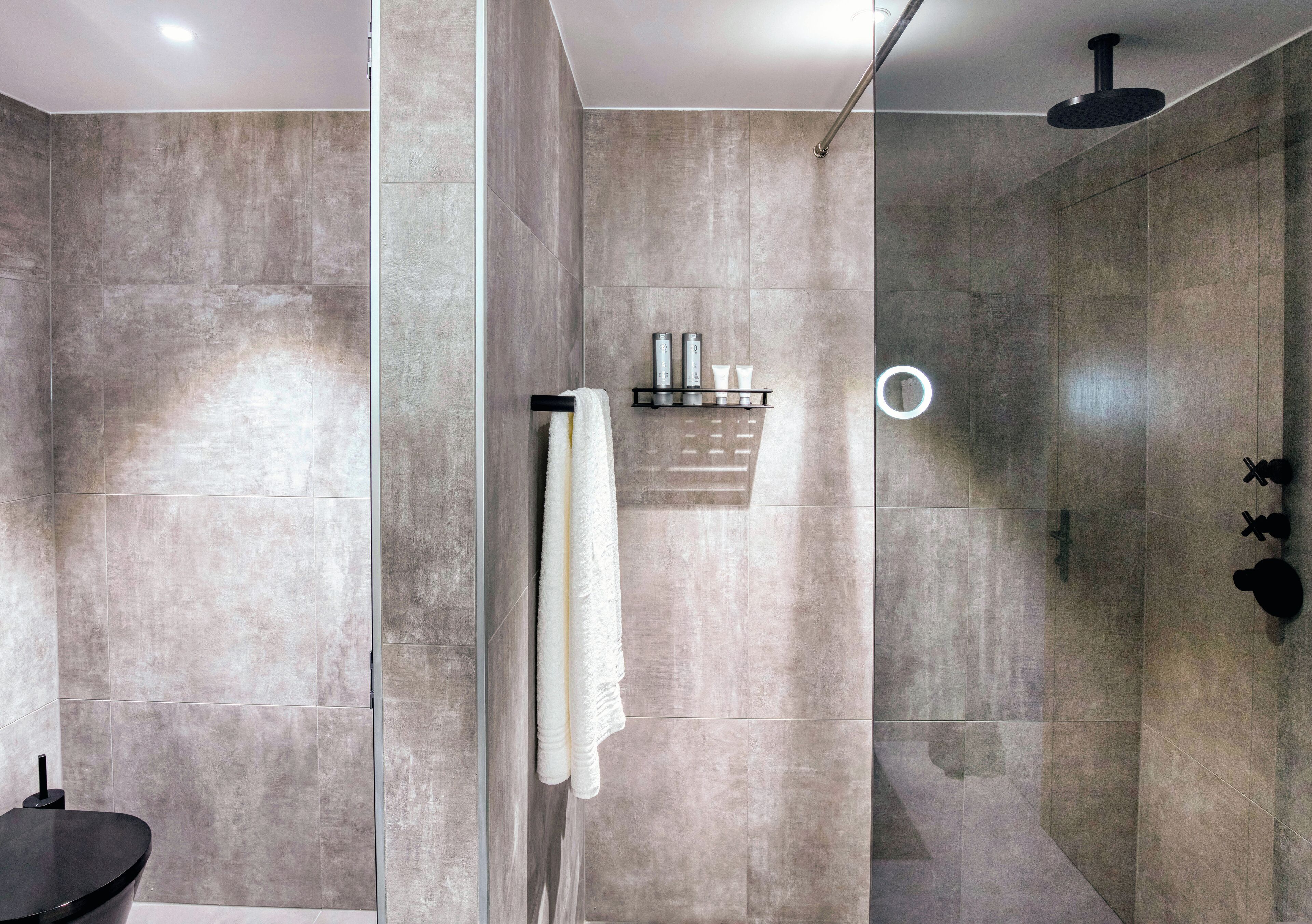 A modern bathroom with a glass shower enclosure, a black sink, and a towel rack.