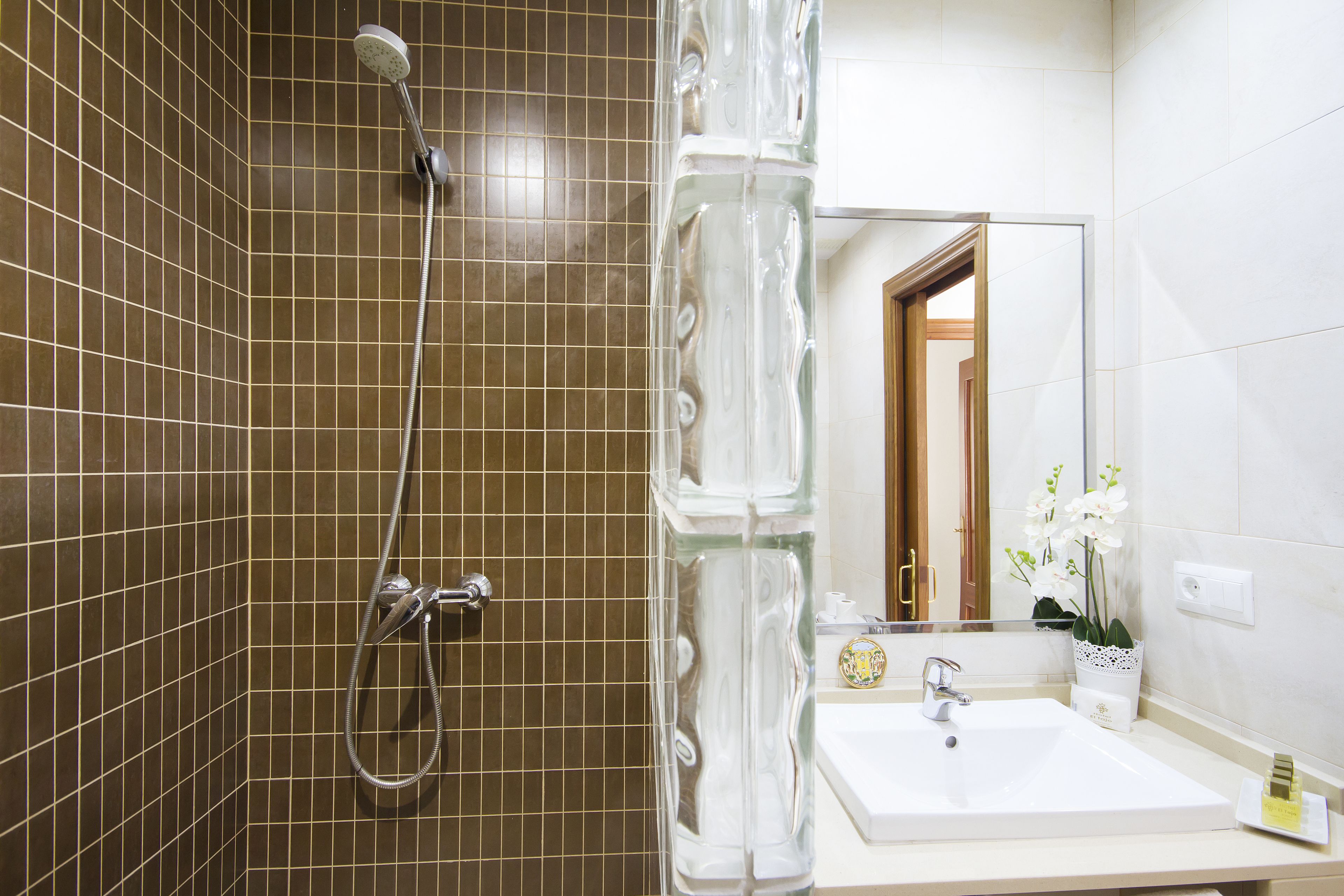 A bathroom with a shower, a sink, and a mirror.