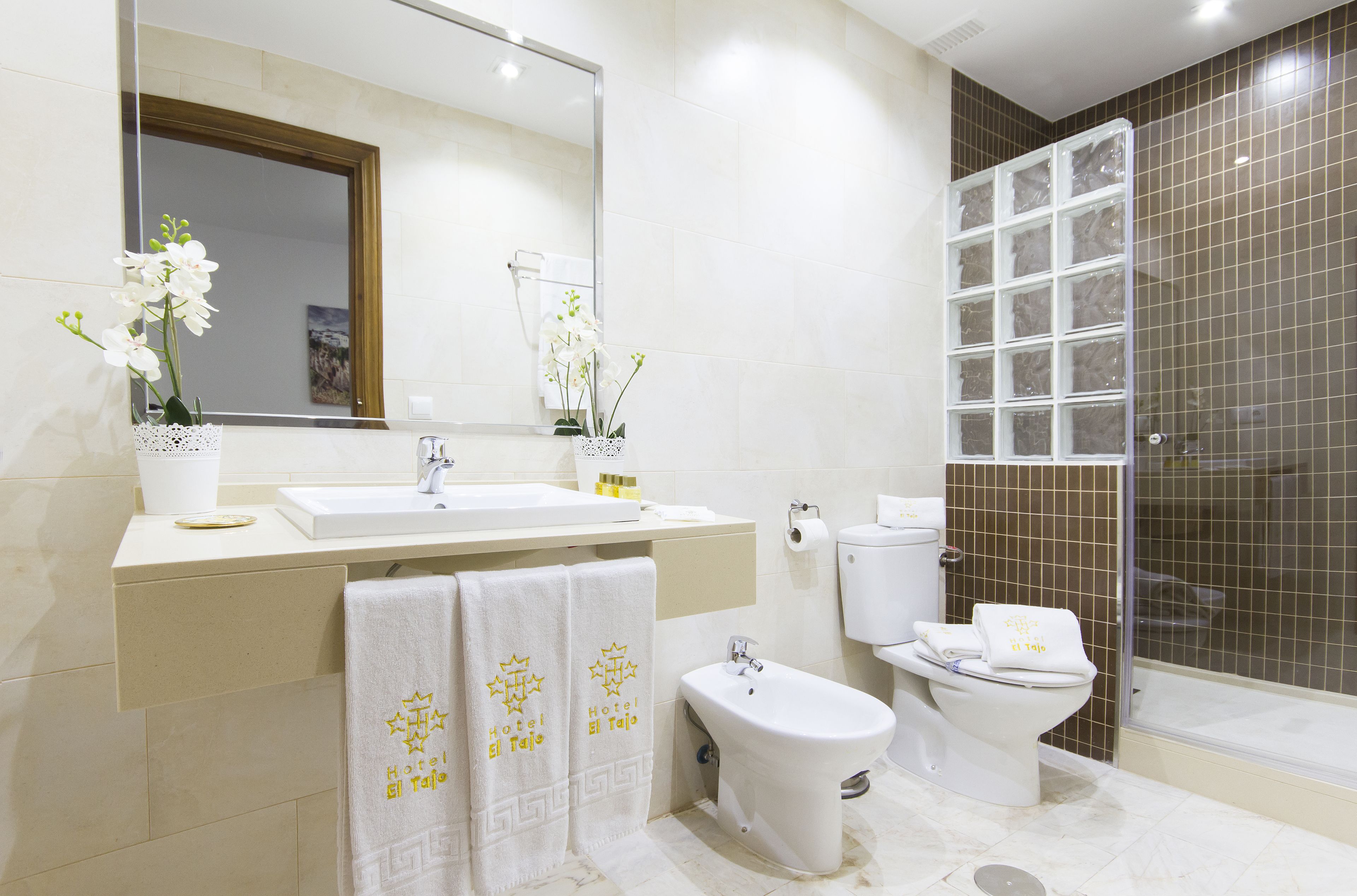 Een moderne badkamer met een wastafel, toilet, douche en een toiletbril.