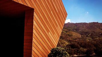 Un edificio moderno con fachada de madera y vistas a un paisaje montañoso.