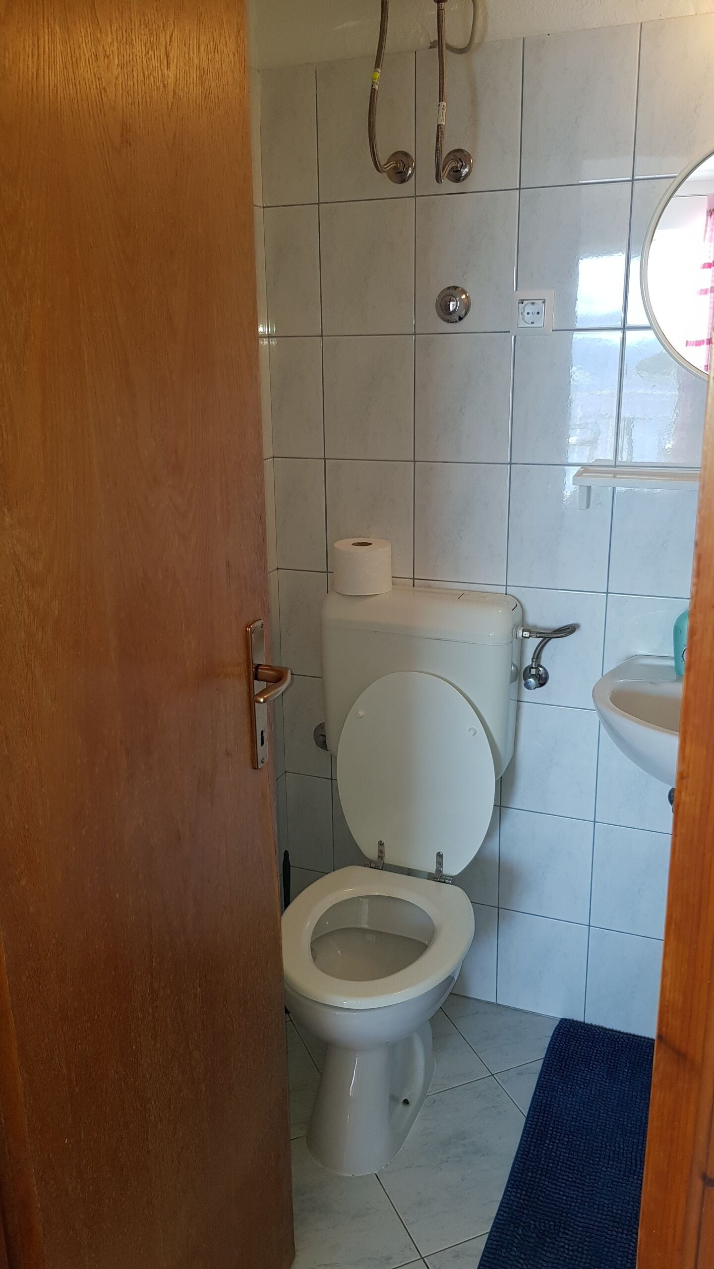 A bathroom with a toilet, a sink, and a shower.