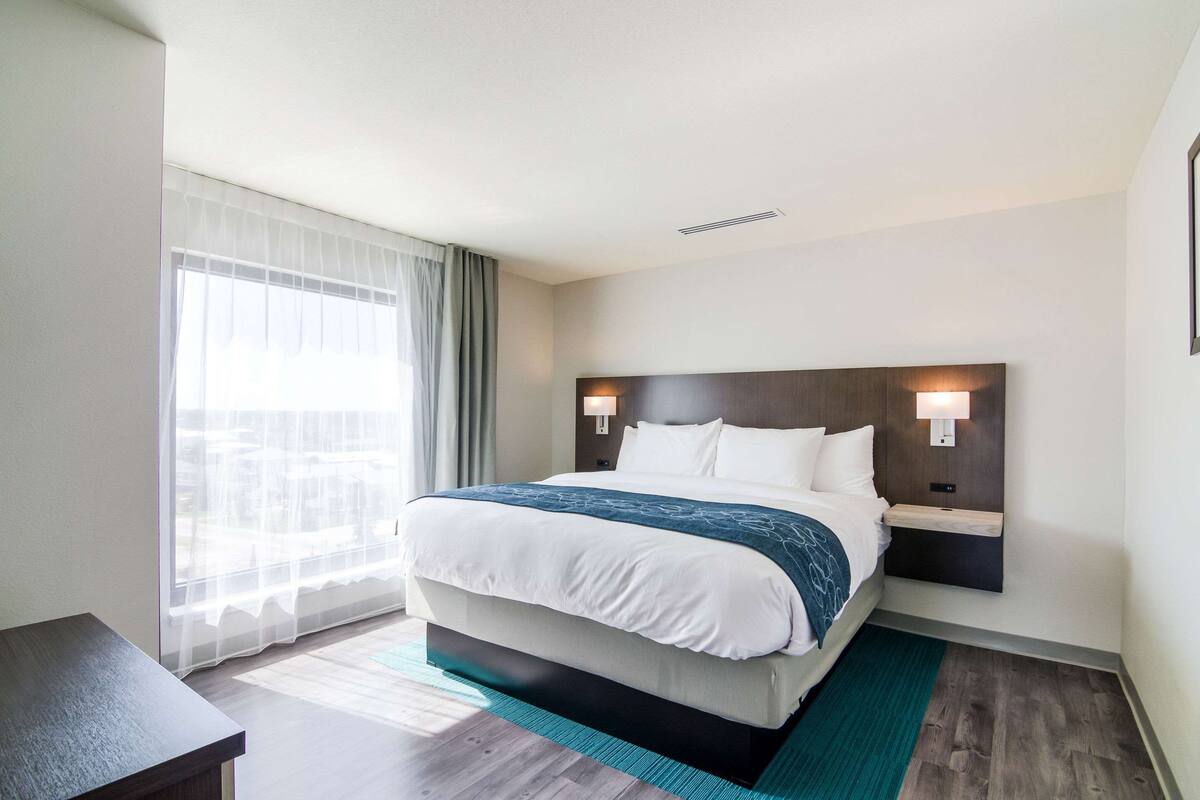 A hotel room with a large bed, a nightstand, a desk, and a window with sheer curtains.