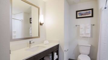 A bathroom with a white sink, a mirror, a toilet, and a shower curtain.