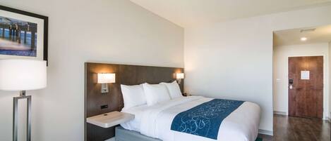 A hotel room with a bed, bedside lamps, a nightstand, a framed picture on the wall, and a wooden door.