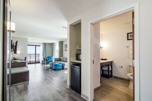 Desk, laptop workspace, blackout curtains, soundproofing