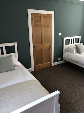 Two single beds with white headboards and grey pillows sit in a classic bedroom with a dark green wall and dark grey carpet.