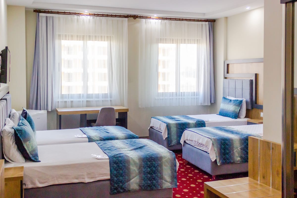 A hotel room with two single beds, a desk, and a chair.