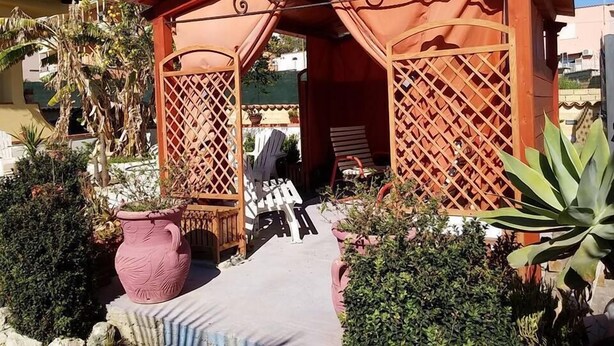 Une pergola en bois avec des panneaux en treillis, entourée de plantes en pot et bordée d’un chemin.