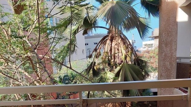 A balcony with a wooden table and chairs, a view of a palm tree, and a building in the background. - Villa Malaka (Dakar)