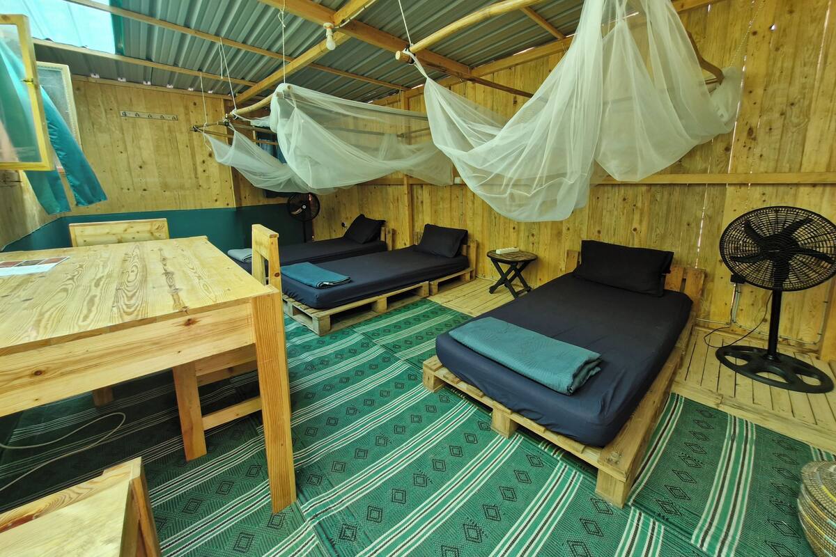 A rustic wooden room with two beds, a table, and a fan.