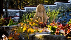 Una estatua de piedra en un jardín con muros de piedra y diversas plantas.