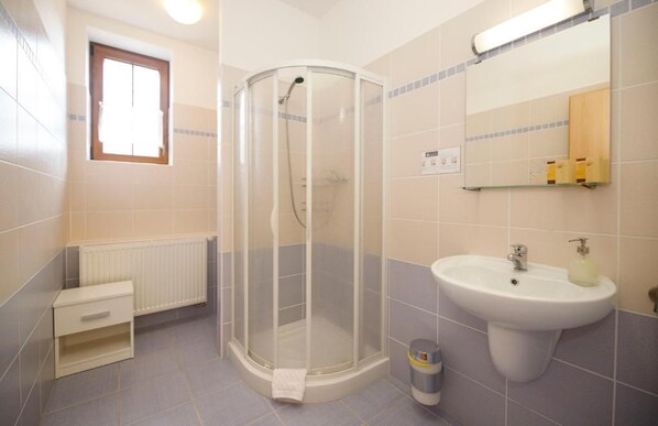 A bathroom with a shower enclosure, a sink, a mirror, and a window.