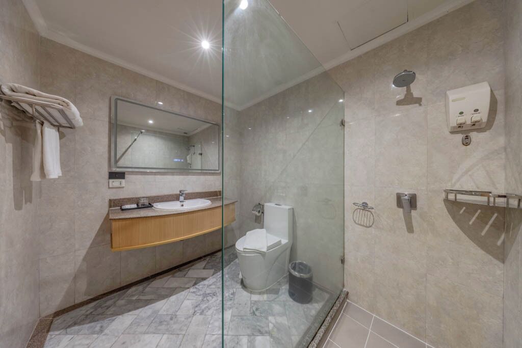 A modern bathroom with a glass-enclosed shower, a toilet, and a sink with a mirror above it.