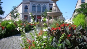 Un bâtiment à la façade classique, doté d’une fontaine centrale et bordé d’un chemin pavé.
