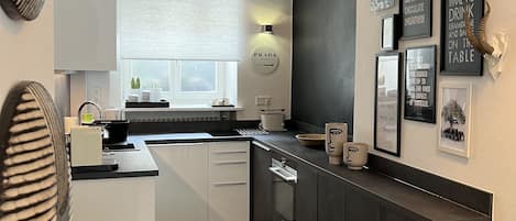 Full-size fridge, microwave, stovetop, dishwasher
