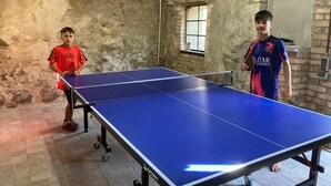 Zwei Personen spielen Tischtennis in einem Raum mit rustikaler Ziegelwand und Fenster.