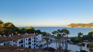 A coastal building with multiple balconies overlooking the sea, a paved area with palm trees, and a distant view of a sailboat. - Hapimag Resort Paguera (Calvia)