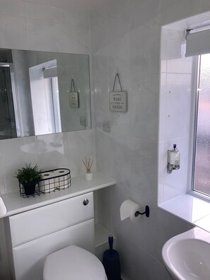 A modern bathroom with a toilet, sink, and mirror. There are toilet paper and a hand soap dispenser on the wall.