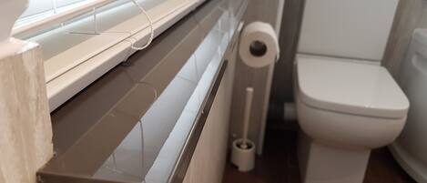 A bathroom with a toilet, a toilet paper holder, and a window with blinds.