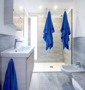Douche, sèche-cheveux, bidet, serviettes fournies