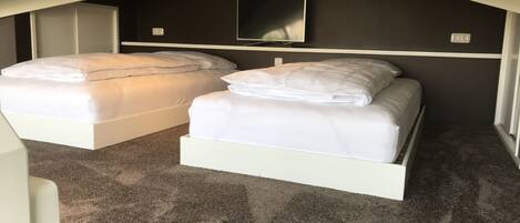 A small, modern room with two white beds, a flat-screen TV mounted on the wall, and a carpeted floor.