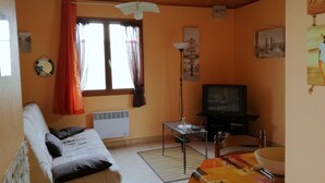 Un petit salon avec un canapé, un téléviseur, un radiateur et une fenêtre avec des rideaux.