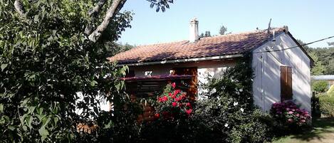 Un petit bâtiment blanc, doté d’un toit en tuiles, entouré d’une végétation luxuriante et de plantes en fleurs.