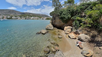 On the beach, sun-loungers, beach umbrellas