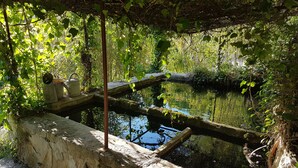 Un cadre extérieur rustique, avec une structure en pierre, un pont en bois enjambant une étendue d’eau paisible et une végétation luxuriante.