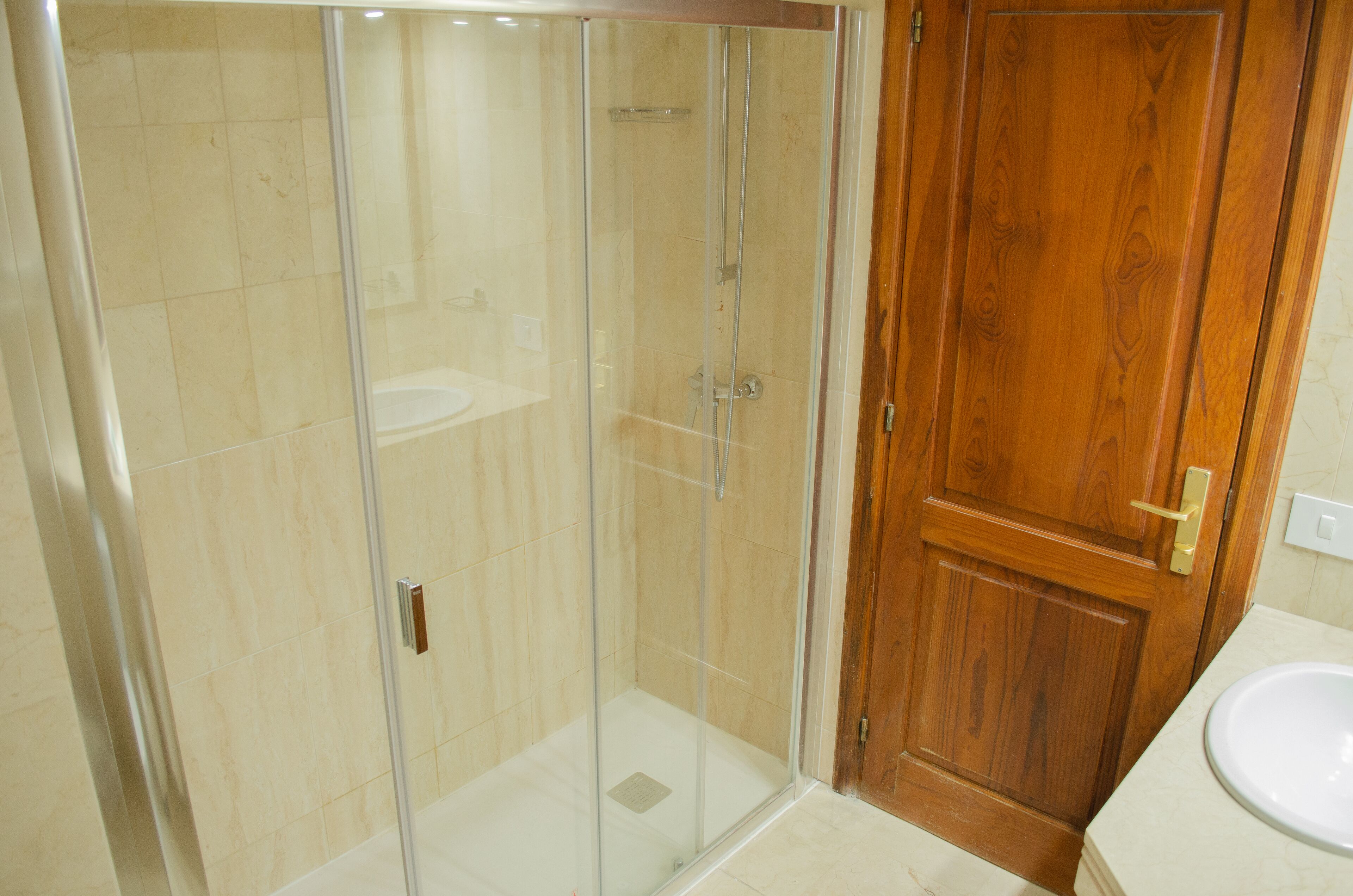 A bathroom with a glass-enclosed shower, a wooden door, and a white sink.