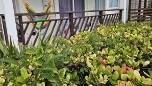 A balcony with a hammock, a wooden fence, and dense foliage. - Touba Manga Beach (Saint-François)