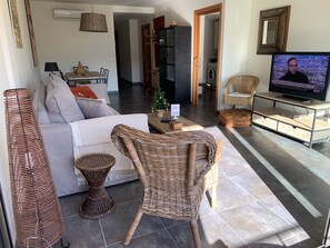 TV - "ARAGO "SUR LA RAMBLA.Appart moderne tout confort: Air C, garage,Asc,gde terrasse. (Roses)