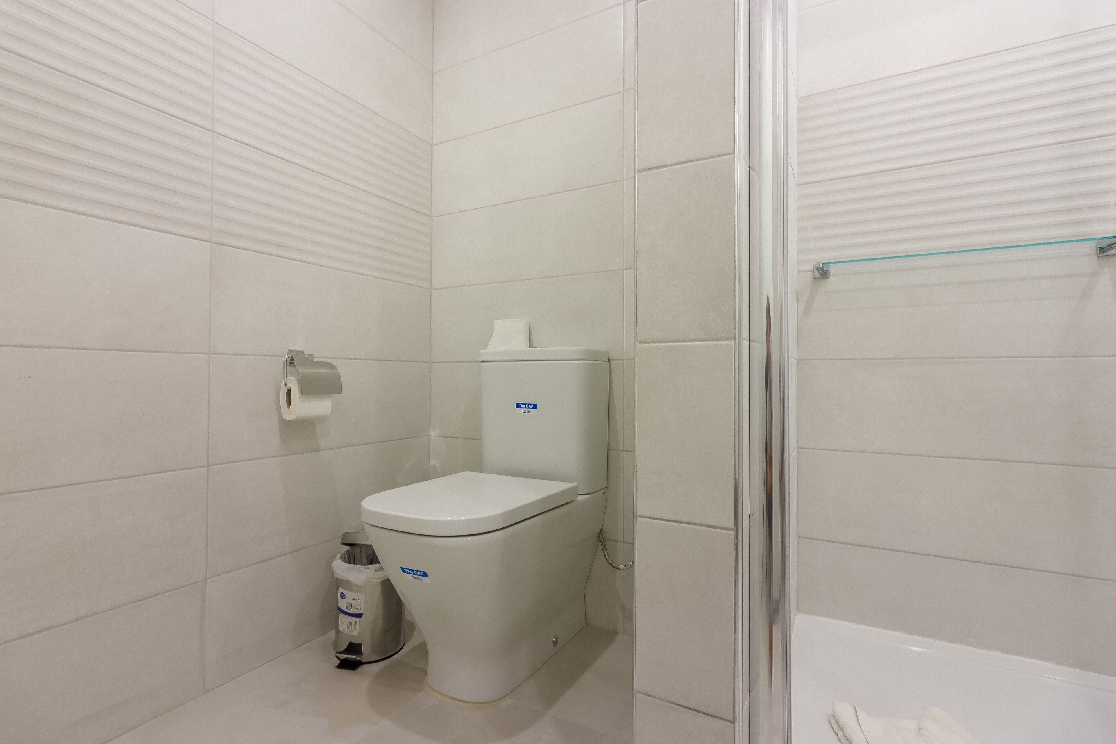 Ein Badezimmer mit Toilette, Mülleimer und Duschkabine aus Glas.