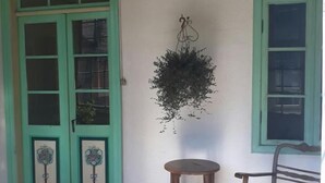 Una habitación con piso de madera, una planta colgante, una silla y dos puertas con marcos verdes.