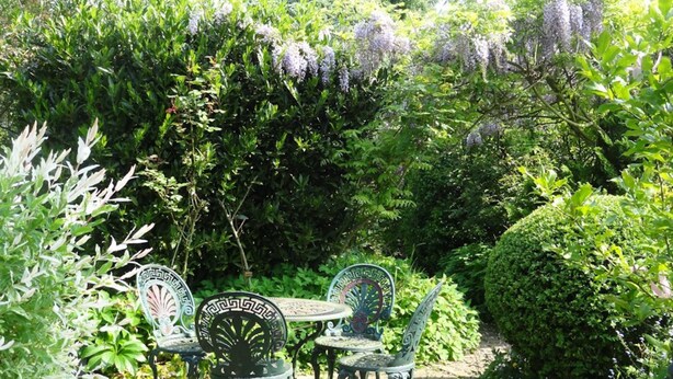 An outdoor garden with a table and four chairs, surrounded by lush greenery and flowering plants. - Le Frêne Fringant (Sainte-Opportune-la-Mare)