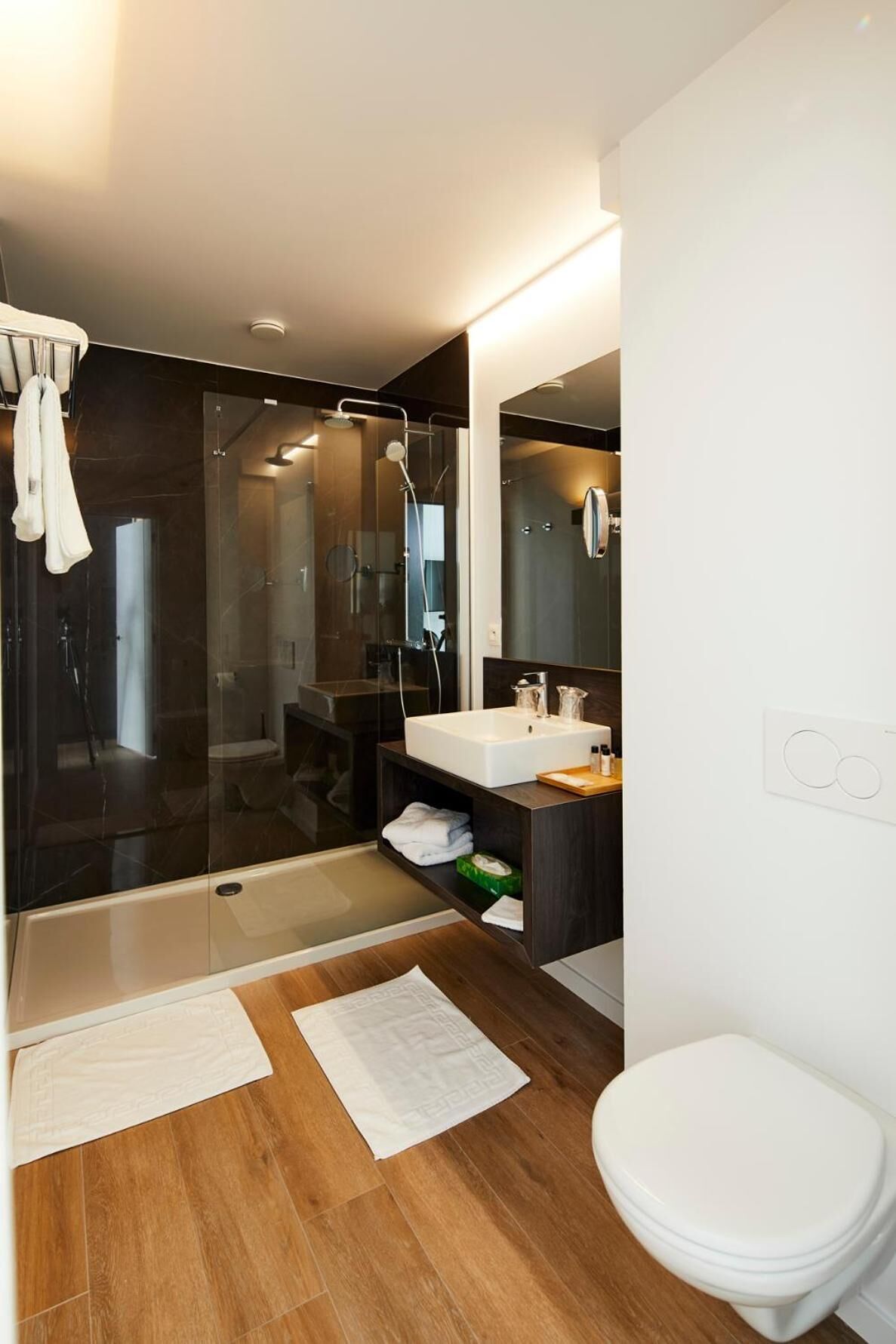 A modern bathroom with a glass-enclosed shower, a white sink, and a toilet.