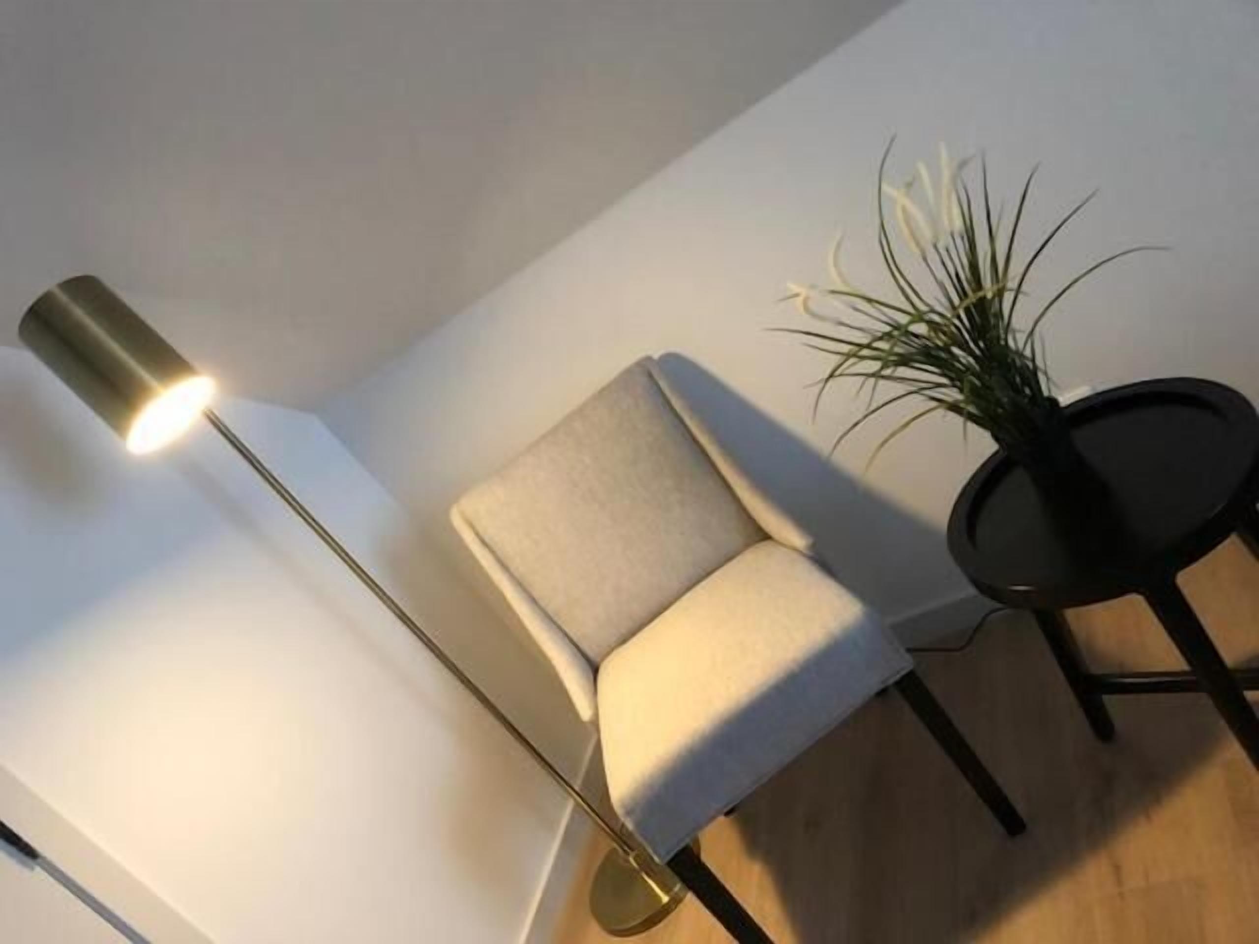 Una habitación moderna con una silla minimalista, una lámpara de pie y una pequeña mesa redonda con una planta.