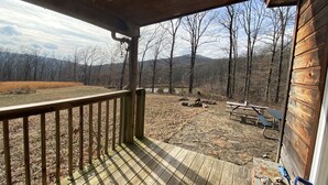 A wooden deck with a view of a forest and a lake.
