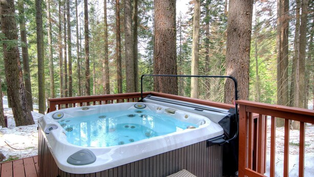 Een hottub op een houten terras, omringd door hoge bomen.