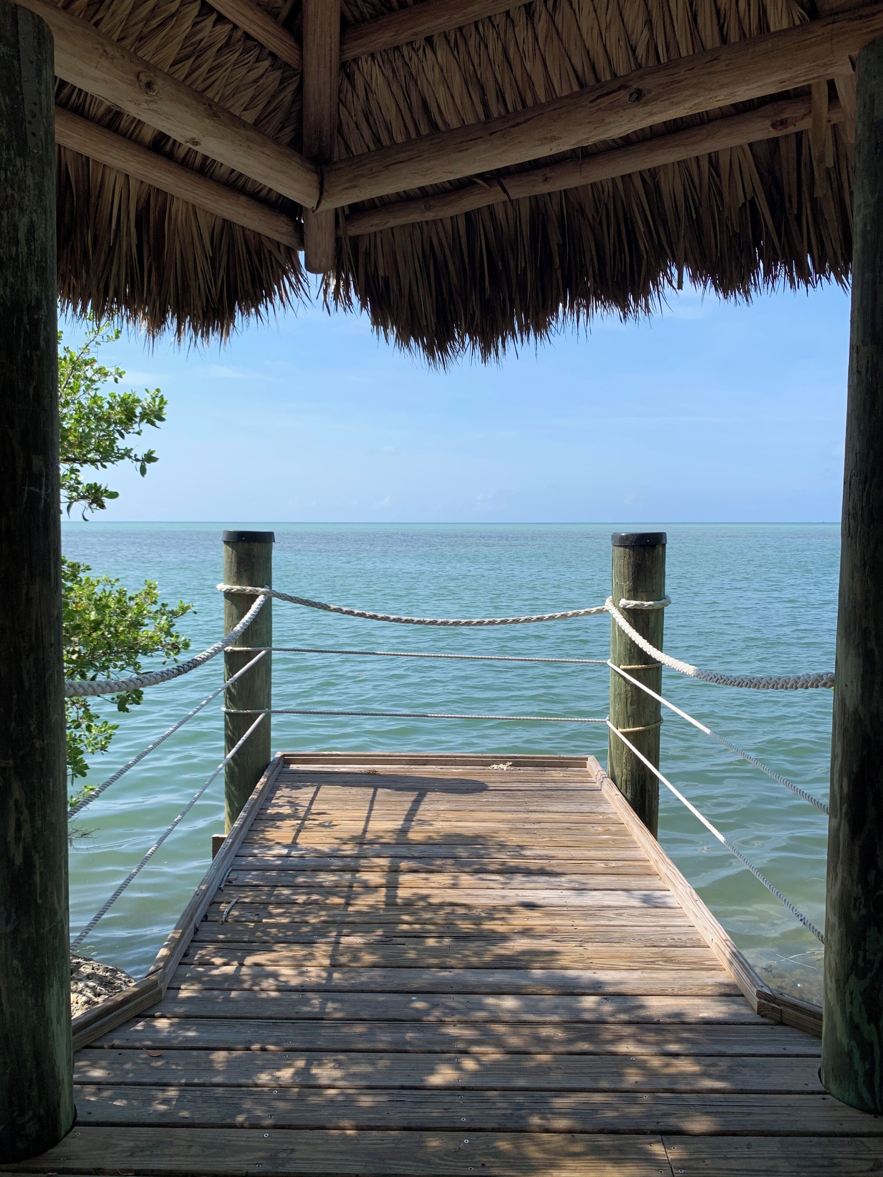 A wooden dock leading to a body of water, with a thatched roof overhead.