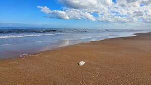 Une plage avec un ciel dégagé et des vagues.