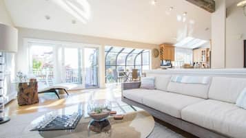 Smart TV, fireplace, DVD player, stereo